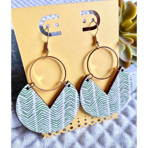 New Green & White Geometric Circle Wooden Boho Statement Dangle Earrings - 3" - Picture 2 of 4